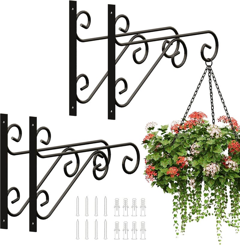 PROWORX 4 Pack 16 Inch Plant Hangers Outdoor Bracket, Indoor Wall Mount Metal Heavy Duty Rust-Resistant Bird Feeder Plant Hooks for Hanging Planters, Flower Baskets, Black - Image 1
